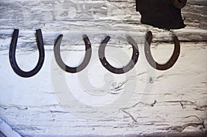 Vintage metal horseshoes on wall