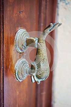 Vintage metal knocker on a wooden door