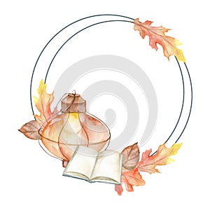 Vintage metal lantern with opened book and autumn colorful leaves watercolor frame. Hand drawn cozy fall floral clip art for