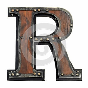 Vintage Metal Letter R with Wooden Inlay