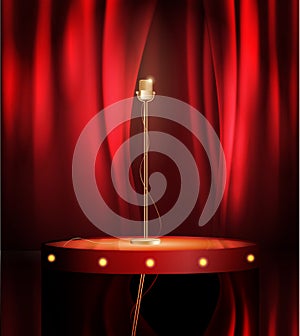 Vintage metal microphone on stage with red curtain backdrop. mic on empty theatre stage, vector art image illustration