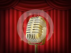 Vintage metal microphone. Red silk curtain backdrop. Retro mic on empty theatre stage.