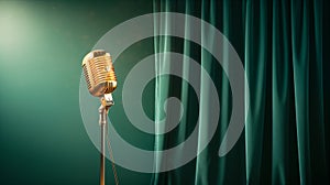 Vintage metal microphone, retro item against green velvet curtain background. Microphone in artistic style, nostalgia