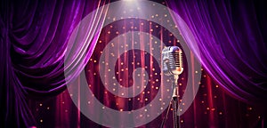 Vintage metal microphone, retro item against purple velvet curtain background with glitter. Microphone in artistic style