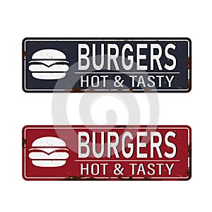 Vintage Metal Sign - burgers - Vector EPS10. Grunge effects can be easily removed for a brand new, clean design.