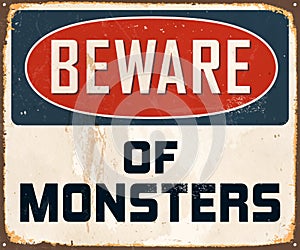Vintage Rusty Beware of Monsters Metal Sign. photo