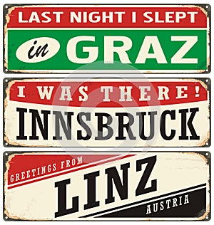Vintage metal signs collection with Austria cities