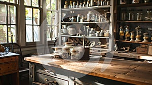 A vintage metal and wood workbench serves as the centerpiece of the workshop surrounded by shelves of antique tools and
