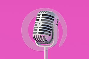 Vintage metallic microphone on pink background. Radio broadcast. Online streaming