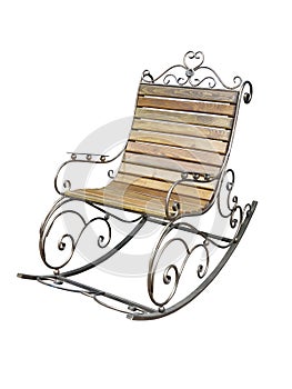 Vintage metallic wooden forged rocking chair isolated over white