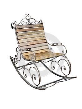 Vintage metallic wooden forged rocking chair isolated over white