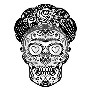 Vintage mexican woman skull isolated on white background. Design element for logo, label, sign, poster. Vector