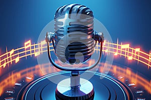 Vintage mic at concert 3D illustration with retro microphone, equalizer photo