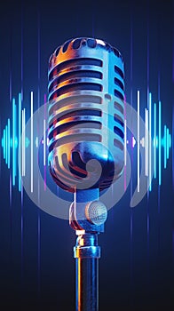 Vintage mic at concert 3D illustration with retro microphone, equalizer photo