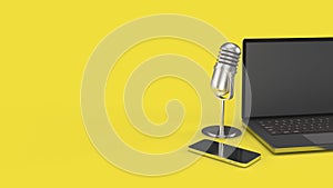 Vintage mic  notebook and smartphone on yellow background 3d rendering for podcast  content