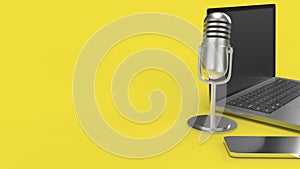 Vintage mic  notebook and smartphone on yellow background 3d rendering for podcast  content