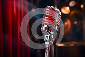 Vintage microphone on blurred night club background. Invitation to a stand-up evening, concert or open mic show. Copy