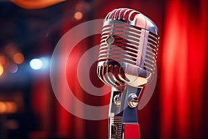 Vintage microphone on blurred night club background. Invitation to a stand-up evening, concert or open mic show. Copy