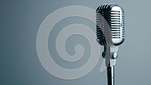 Vintage microphone on a dark grey background, classic musical equipment. perfect for podcasters and musicians