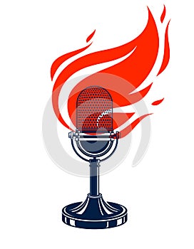 Vintage microphone on fire, hot mic in flames, studio recording music, on the air typing, vector logo or illustration, live radio