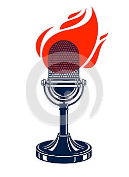 Vintage microphone on fire, hot mic in flames, studio recording music, on the air typing, vector logo or illustration, live radio