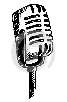 Vintage microphone hand drawn engraving style vector illustration. Hand drawn sketch of ink-drawn microphone on a white