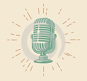 Vintage microphone illustration retro rays. Classic microphone design stylized light rays background