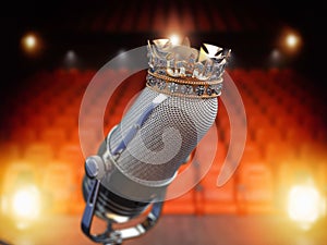 Vintage microphone and king crown. Music award, concert of best singer, king of pop rock music concept background
