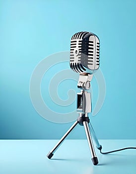 Vintage microphone on a light blue background