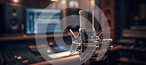 The vintage microphone in a modern recording studio environment. AI generated image