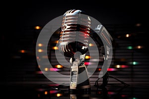 Vintage Microphone with Music Wave on Black Background. AI