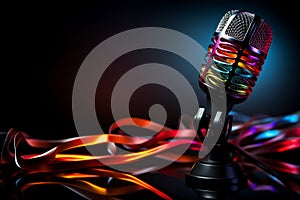 Vintage Microphone with Music Wave on Black Background. AI