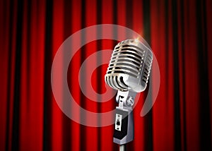 Vintage Microphone over Red Curtains