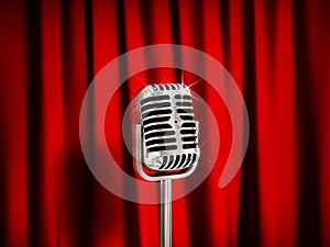 Vintage Microphone over Red Curtains.