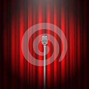 Vintage microphone on red curtain realistic vector metallic mic empty theater concert performance
