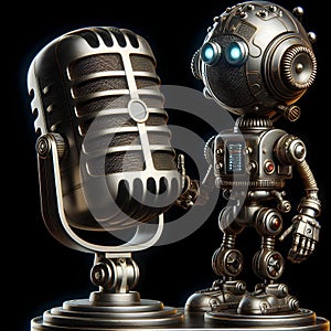 a vintage microphone robot, digital art on dark background