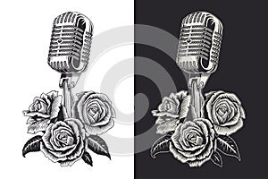 Vintage microphone and roses. Black and white  illustration.