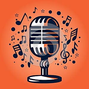 Vintage microphone with separated music notes on orange background