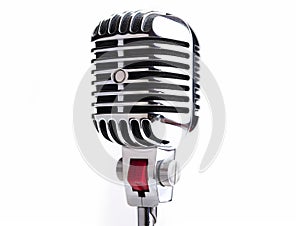 A vintage microphone is shown against a white background