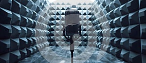Vintage Microphone in a Sound Recording Studio with Foam Walls for Noise Reduction and Enhanced