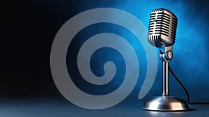 Vintage microphone on stage with blue background lighting
