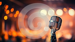 Vintage microphone on stage with blurred concert lights bokeh background