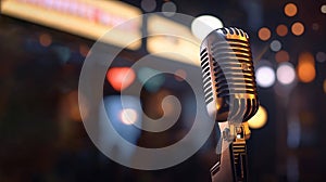 Vintage Microphone on Stage with Bokeh Lights Background. created with Generative AI
