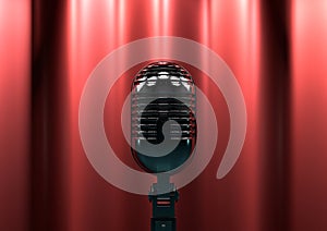 Vintage microphone on stage with red curtains. Moody stage light