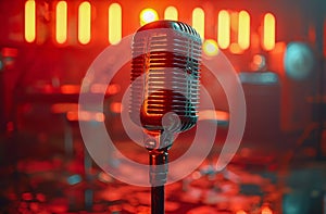 Vintage Microphone on Stage with Red Lighting. Generative ai