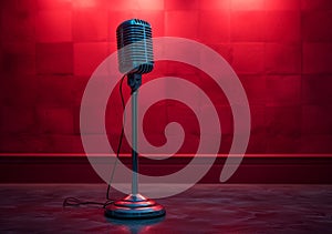 Vintage microphone on stage with red wall in the background