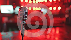 Vintage microphone on stage under red lights with a bokeh background.