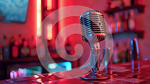 Vintage microphone on stage under red lights with a bokeh background.