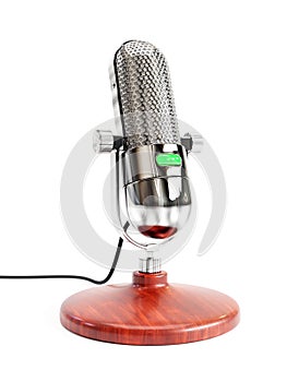 Vintage microphone with wooden stand on white background