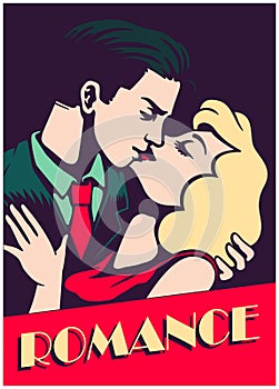 Vintage mid-century couple kissing romance valentine`s day vector illustration